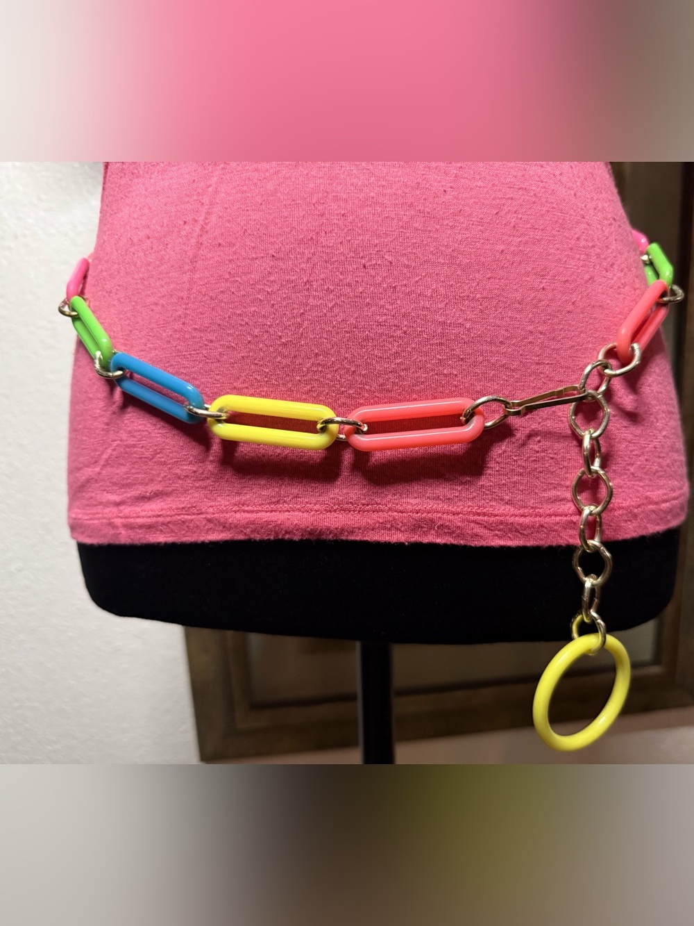 Vintage 80s Neon Plastic Link Chain Belt Silver Tone Clasp Multicolor Retro